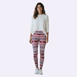 Wodbottom Women Legging Navy Red White Winter Themed Fair Isle Pattern Med NWOT